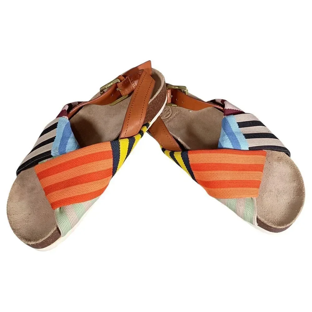 Tory Burch Corey Sandal Flat Patchwork Twist Striped Textile Leather Womens 5